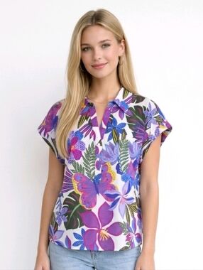 Sugarlips Evren Tropics Cory Collared Button Up Top Size L